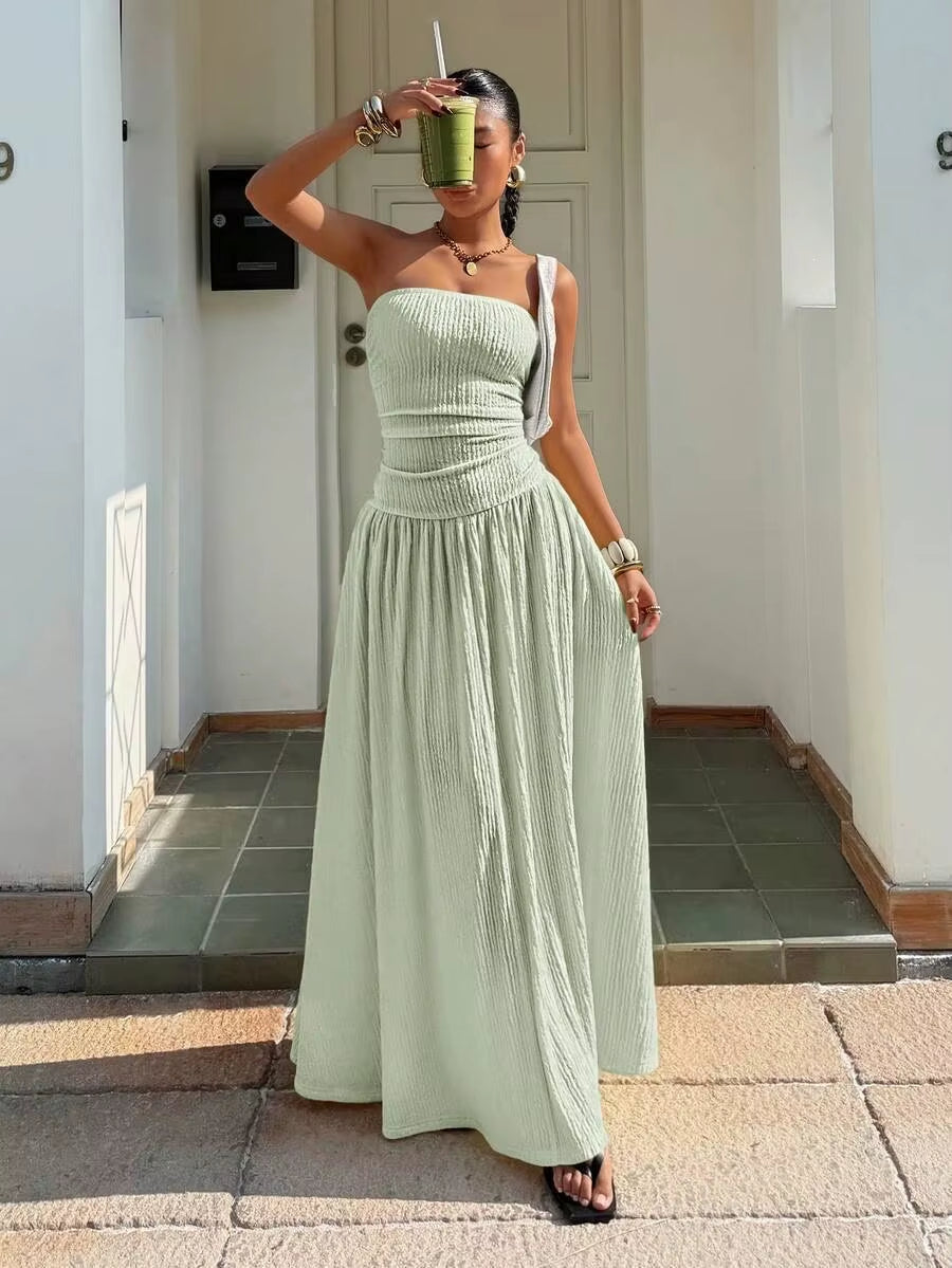Sleeveless Strapless Maxi Dress Smocked Waist Solid Color Flowy Long Dress