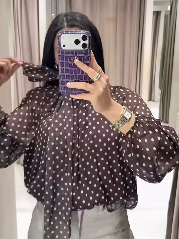 Polka Dot Print Blouse Casual High Collar Long Sleeve