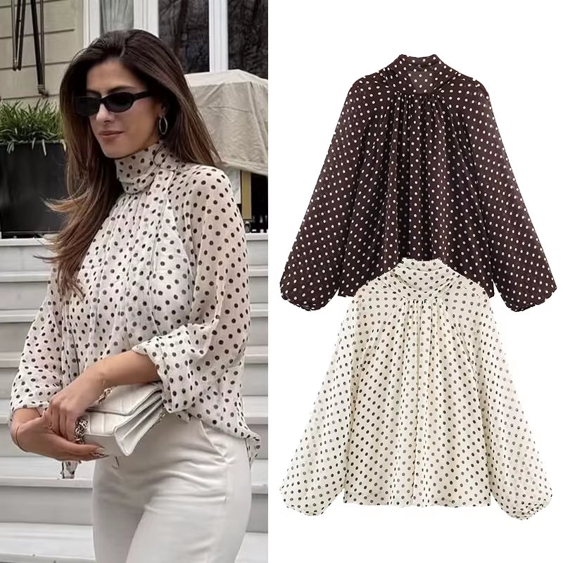 Polka Dot Print Blouse Casual High Collar Long Sleeve