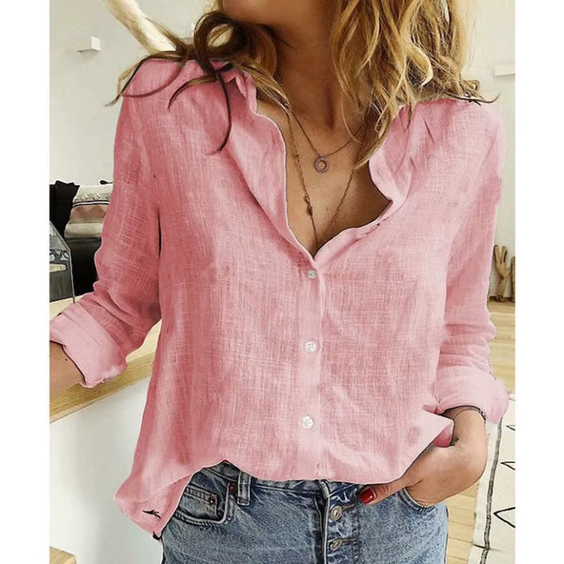 Cotton Linen Shirt French Elegant V-Neck Long Sleeve Shirt
