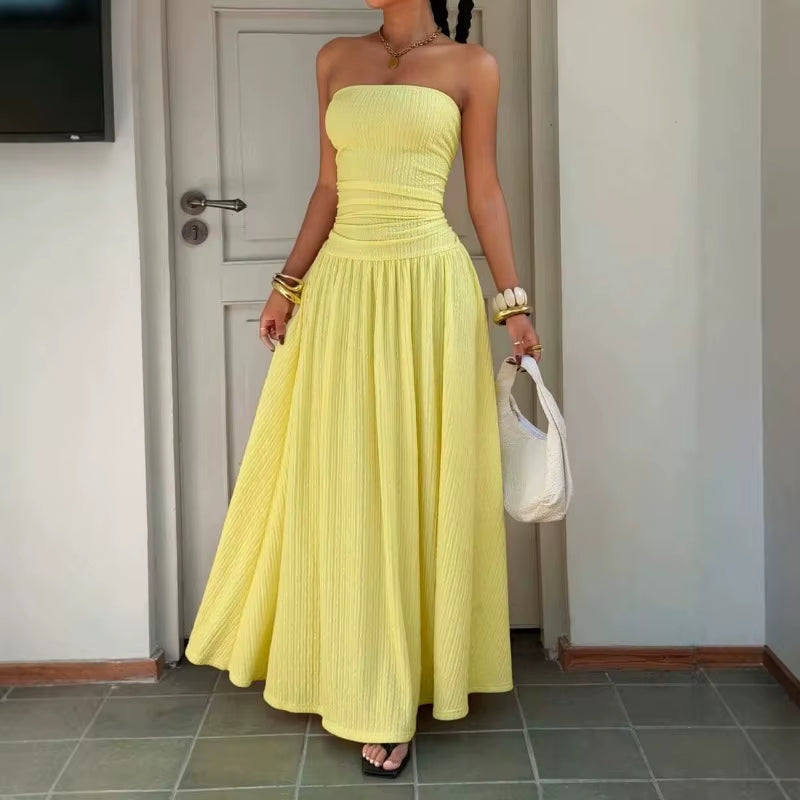 Sleeveless Strapless Maxi Dress Smocked Waist Solid Color Flowy Long Dress