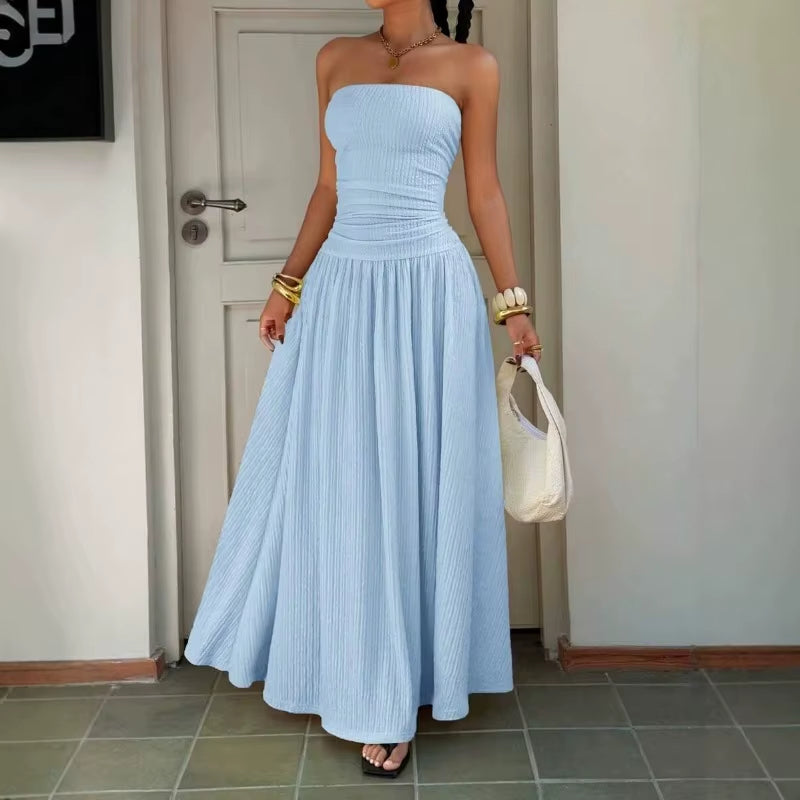 Sleeveless Strapless Maxi Dress Smocked Waist Solid Color Flowy Long Dress