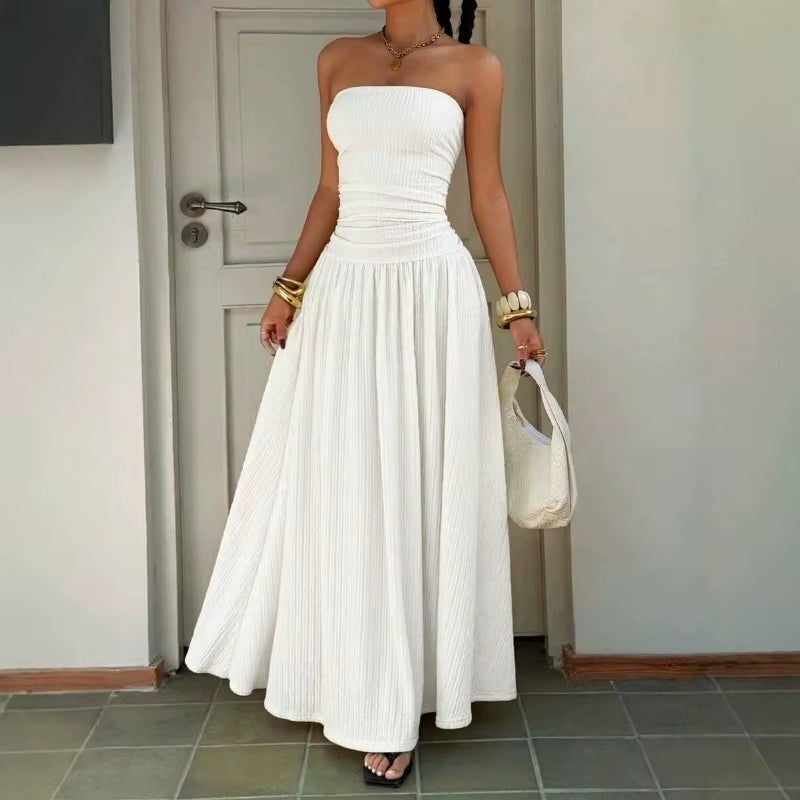 Sleeveless Strapless Maxi Dress Smocked Waist Solid Color Flowy Long Dress