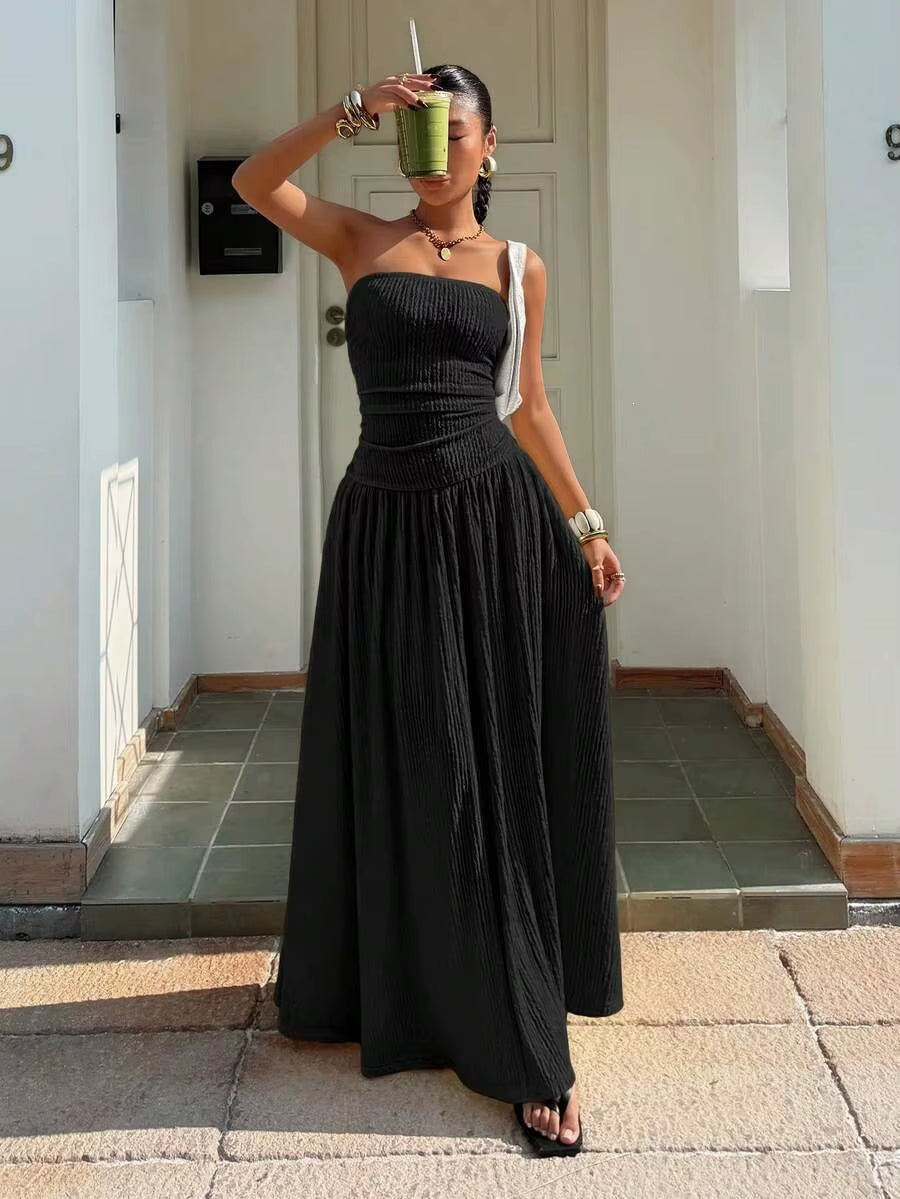 Sleeveless Strapless Maxi Dress Smocked Waist Solid Color Flowy Long Dress