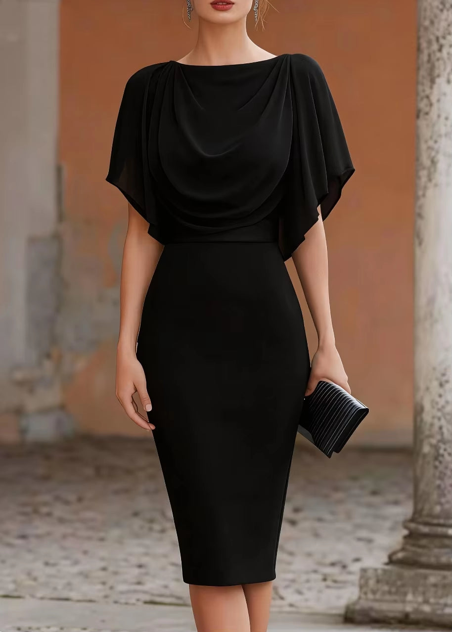 Short Sleeve Midi Dress Cowl Neck Draped Cape Top Bodycon Skirt