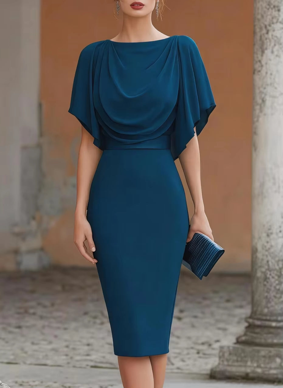 Short Sleeve Midi Dress Cowl Neck Draped Cape Top Bodycon Skirt