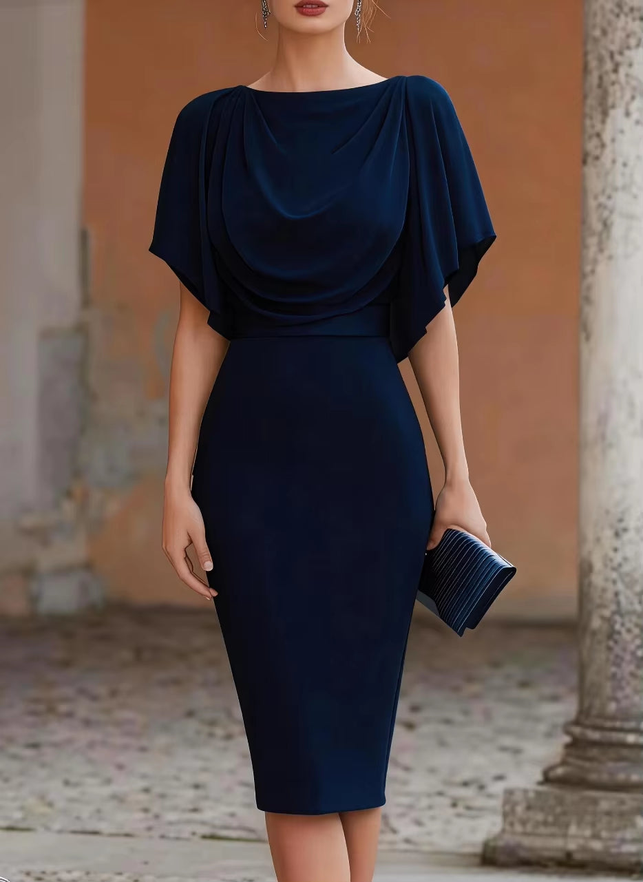 Short Sleeve Midi Dress Cowl Neck Draped Cape Top Bodycon Skirt
