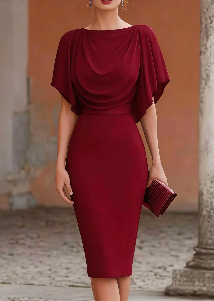 Short Sleeve Midi Dress Cowl Neck Draped Cape Top Bodycon Skirt