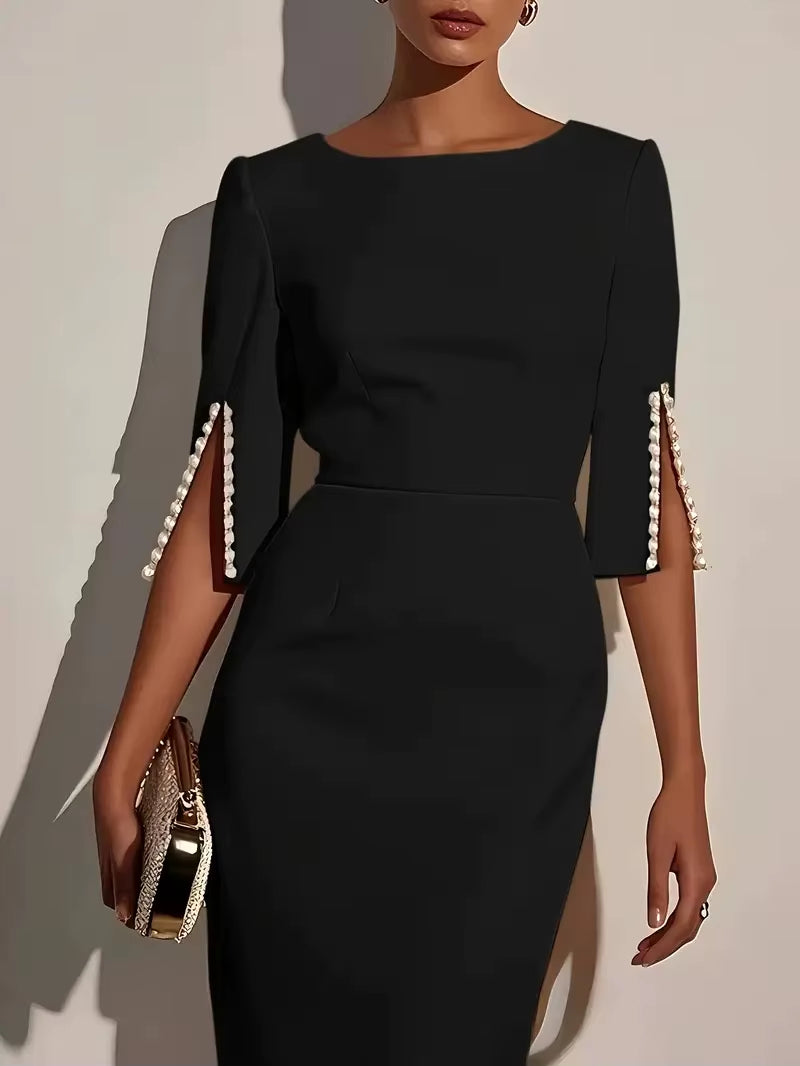 Solid Color Pencil Midi Dress - Pearl Embellished Half Sleeve O-Neck Elegant Wear
