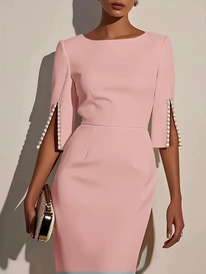 Solid Color Pencil Midi Dress - Pearl Embellished Half Sleeve O-Neck Elegant Wear