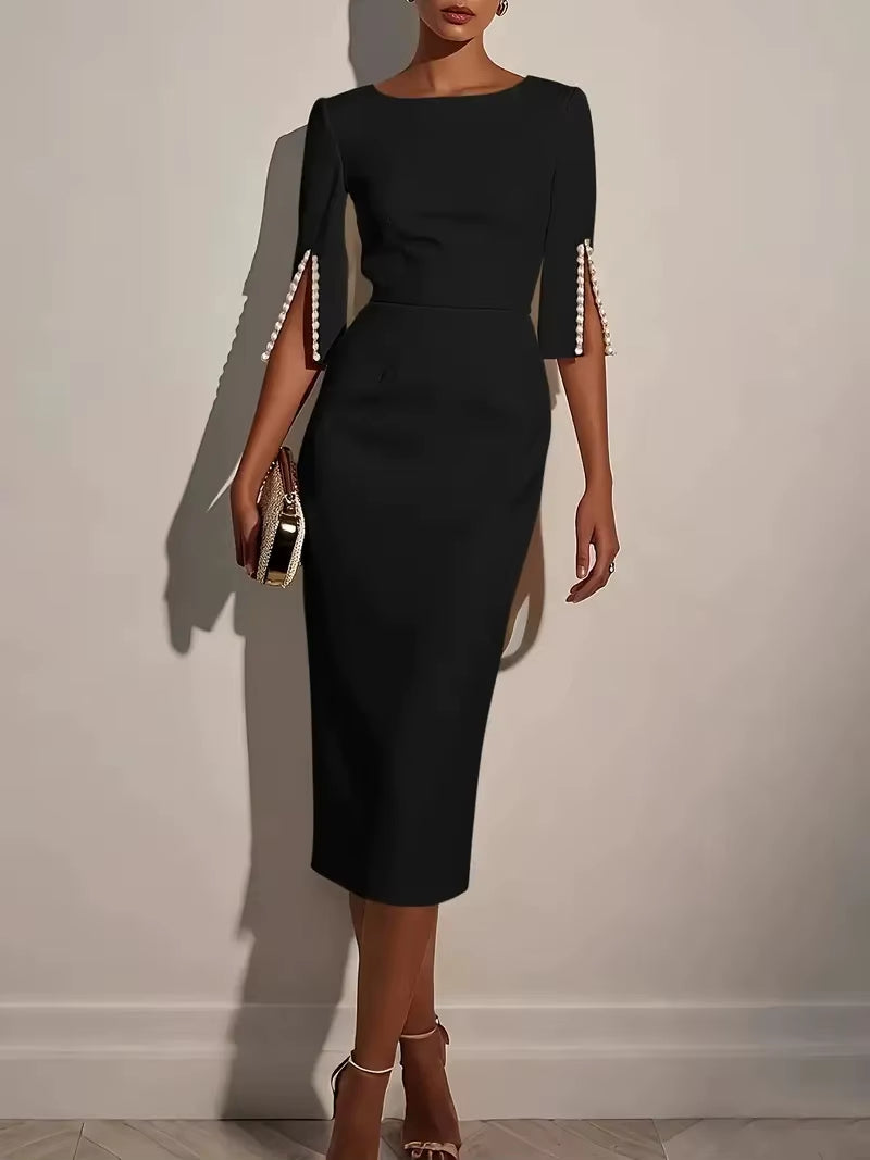 Solid Color Pencil Midi Dress - Pearl Embellished Half Sleeve O-Neck Elegant Wear