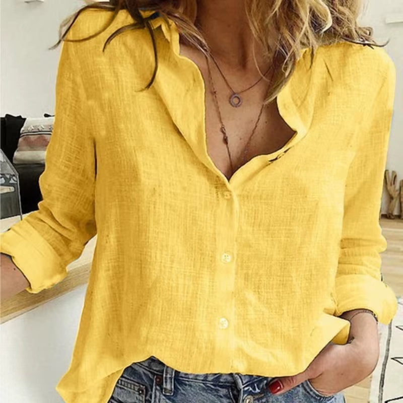 Cotton Linen Shirt French Elegant V-Neck Long Sleeve Shirt
