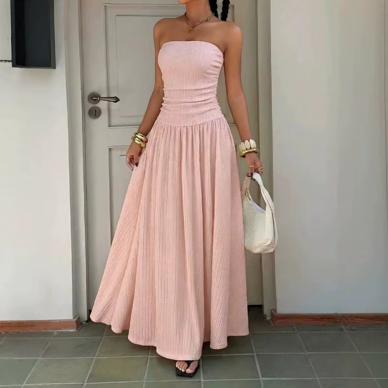 Sleeveless Strapless Maxi Dress Smocked Waist Solid Color Flowy Long Dress